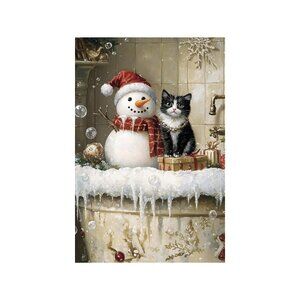 Snowman With Cat In Bathtub Unframed Canvas Wall Art  24" X 36"